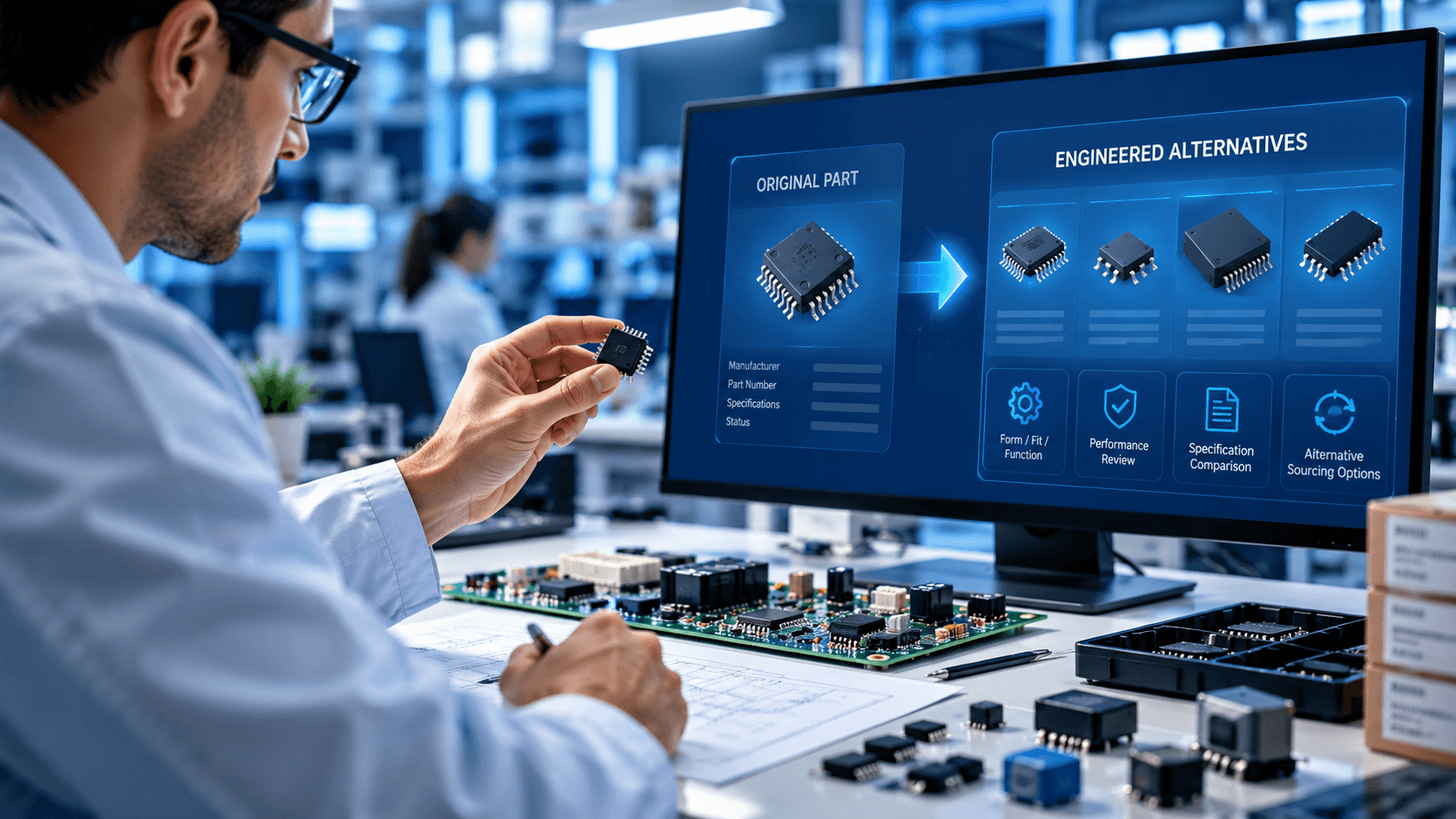 Engineer comparing electronic components and specifications to evaluate potential alternatives