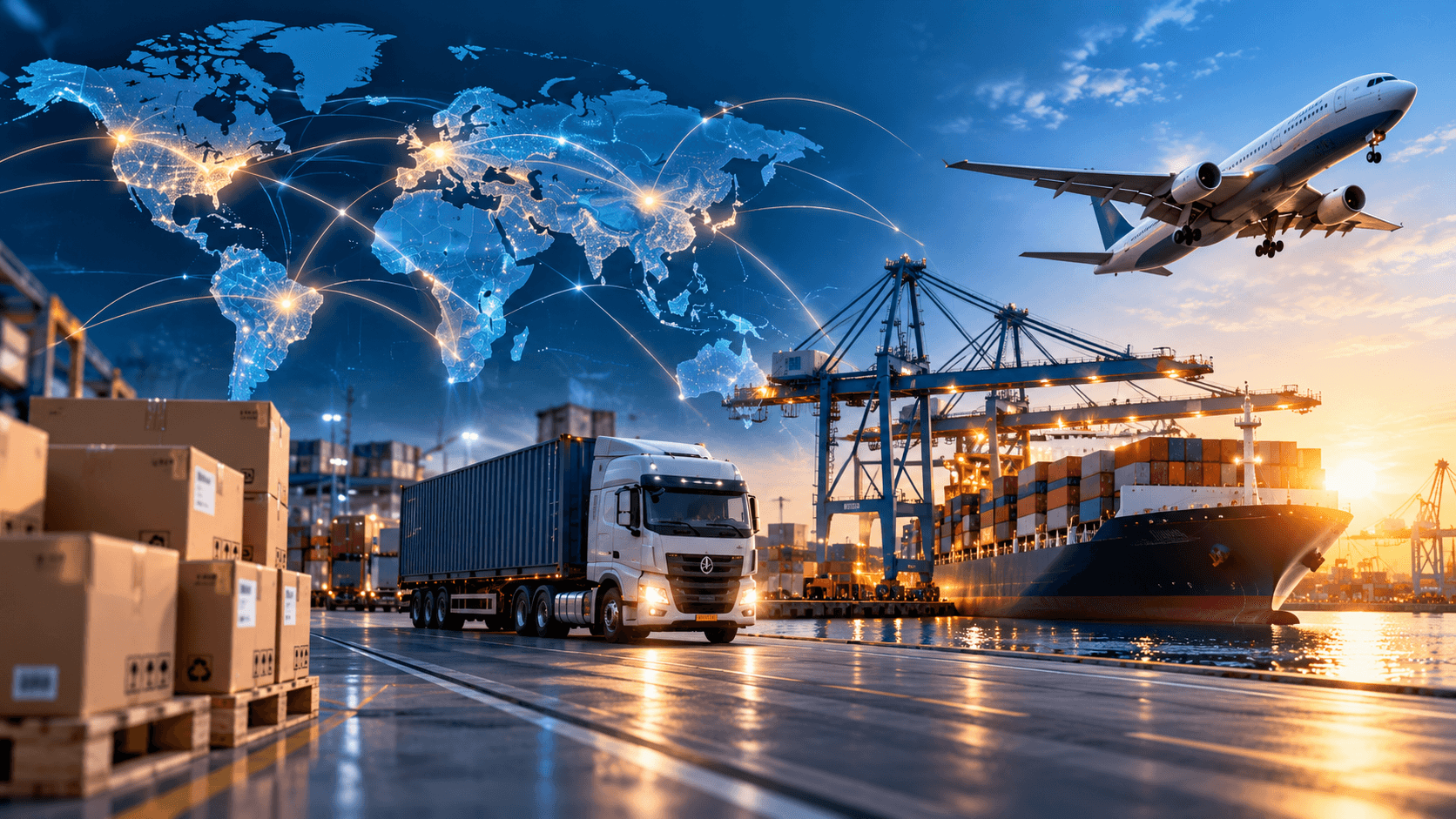 Global logistics infrastructure with cargo shipping, freight transport and international supply connections
